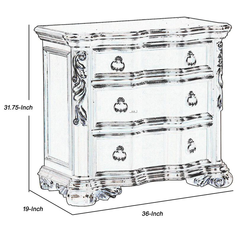 3 Drawer Nightstand with Carved Pilaster and Bracket Feet, Cherry Brown - Benzara