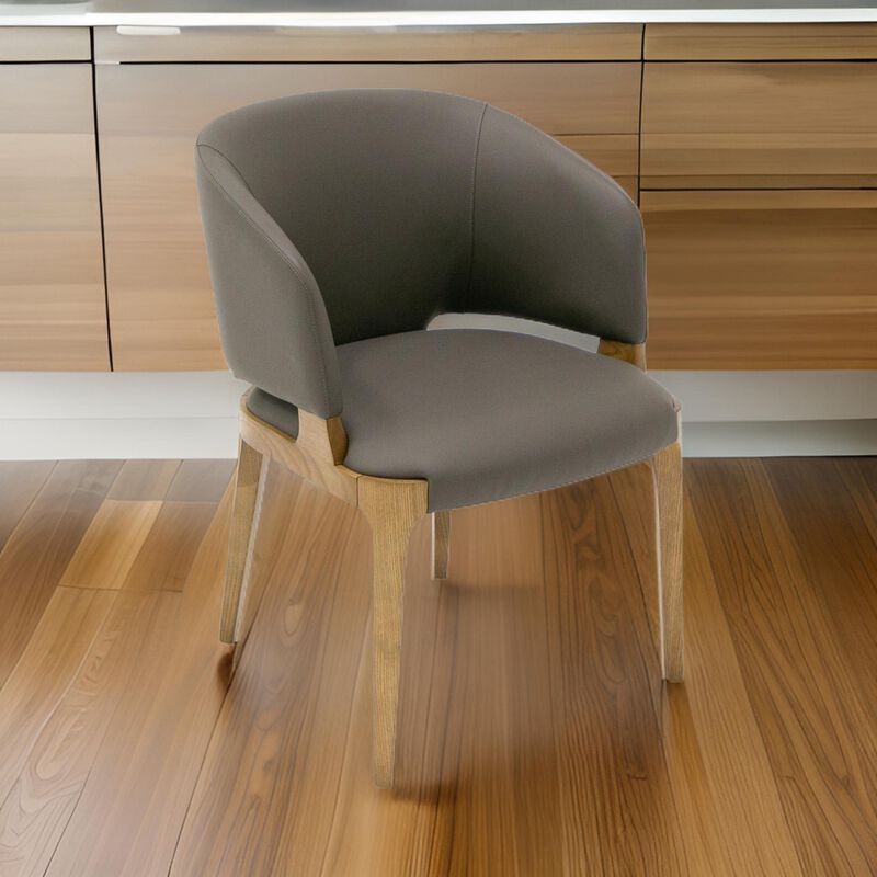 22 Inch Dining Chair, Gray Vegan Faux Leather, Curved Back, Solid Wood-Benzara