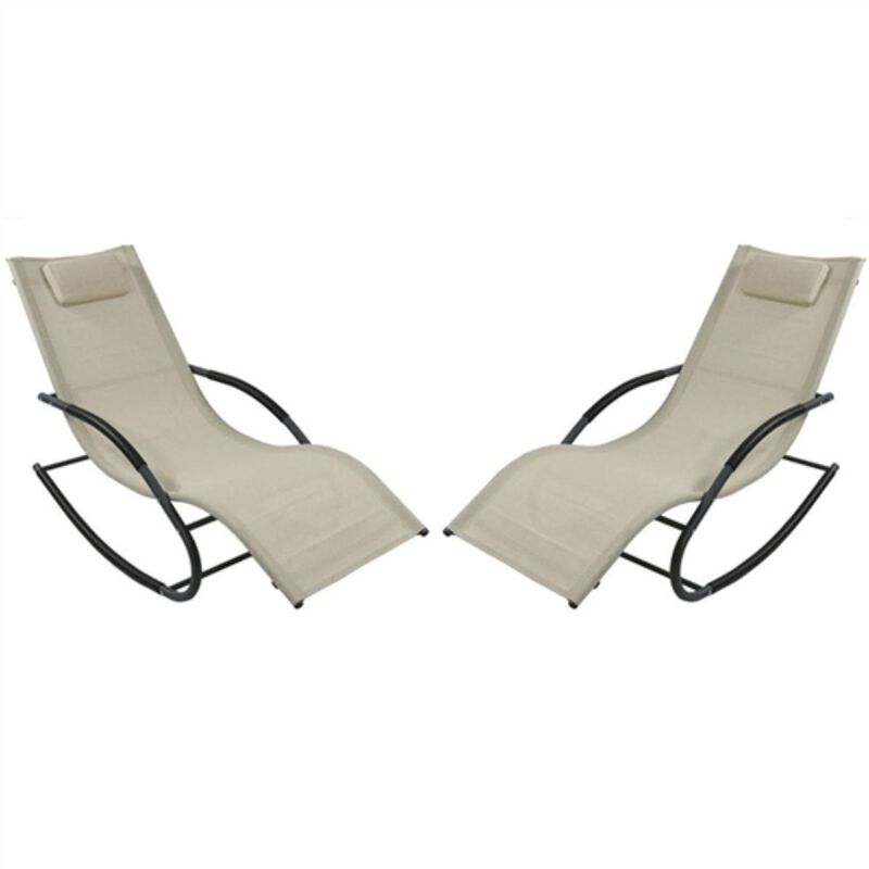 Hivvago Set of 2 Beige Rocking Chaise Lounger Patio Lounge Chair with Pillow