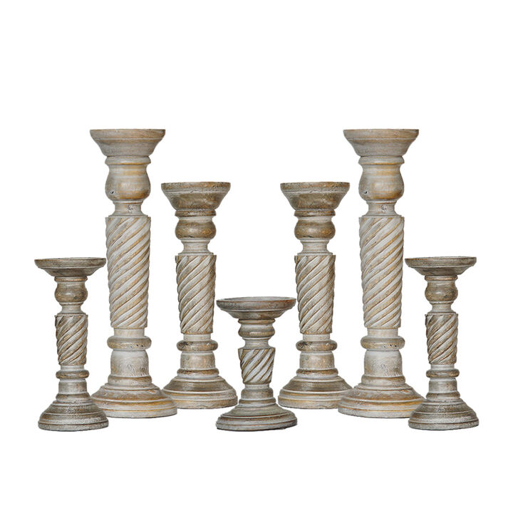 Traditional Gray Wash Eco-friendly Handmade Mango Wood Set Of Seven 15",12",9",6",9",12" & 15" Pillar Candle Holder BBH