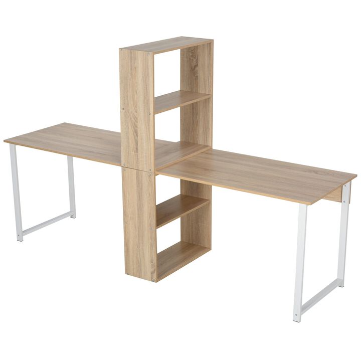 Natural Wood Duo Desk: 88" Double Workstation with Bookshelves