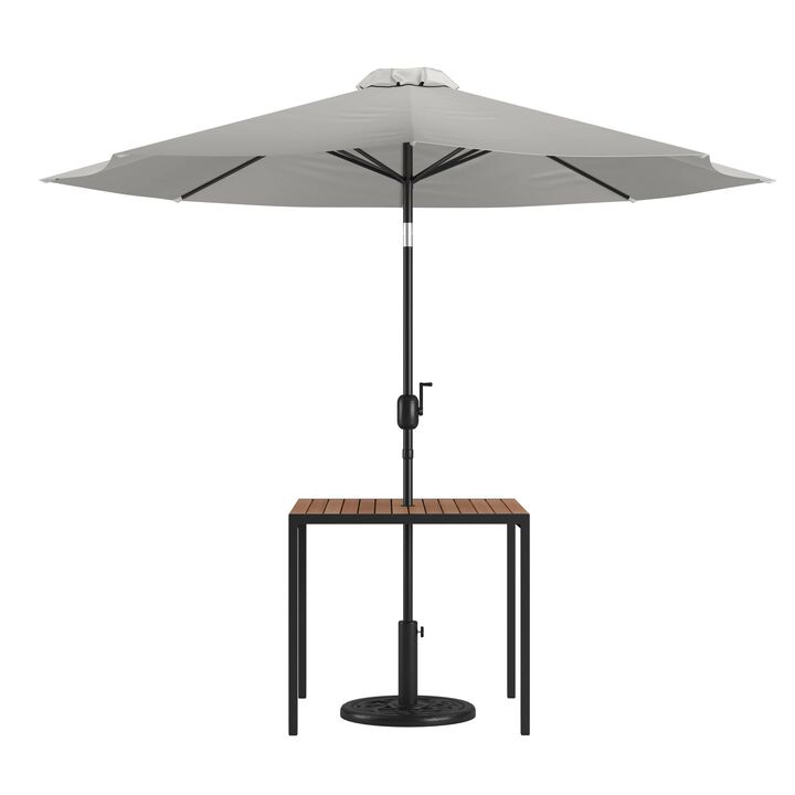 Flash Furniture Lark 3 Piece Outdoor Patio Table Set - Natural Faux Teak Dining Table - 35" Square Synthetic Teak Table with Umbrella Hole - Gray Umbrella with Base
