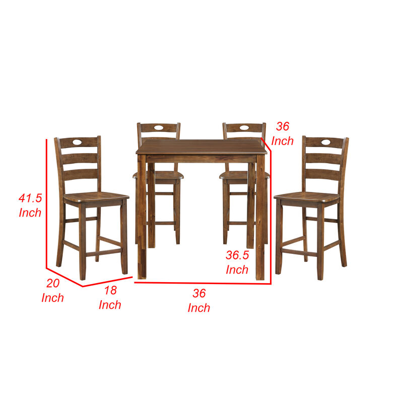 Tori 5 Piece Counter Height Dining Set, Square Table and 4 Chairs, Brown - Benzara