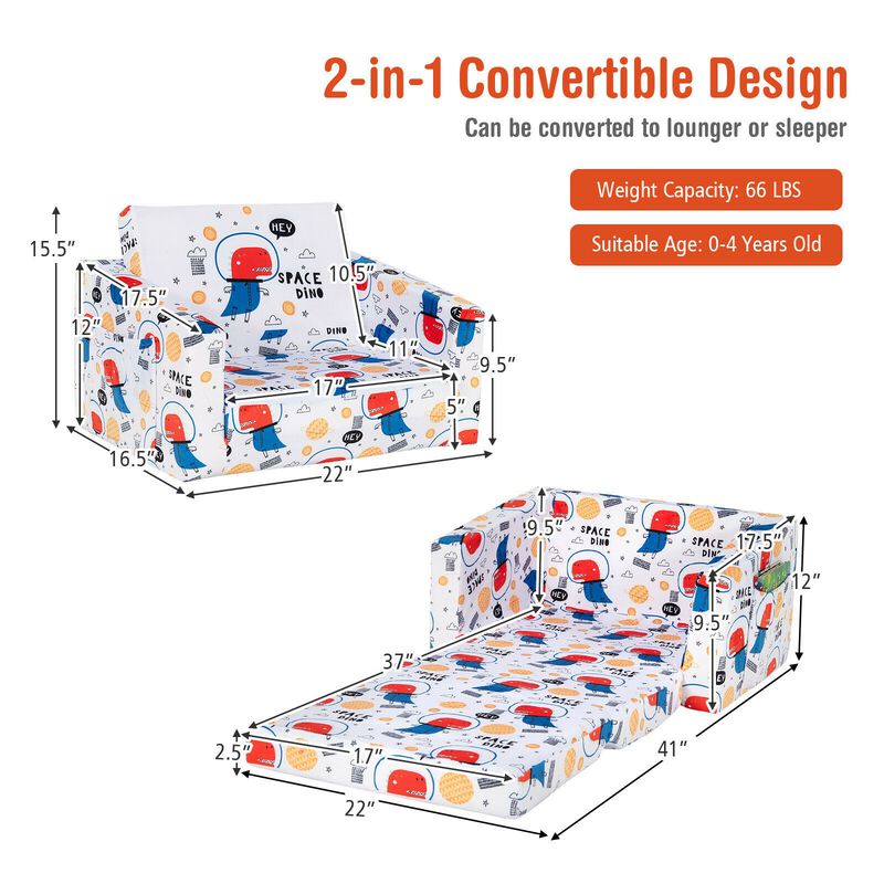 2-in-1 Convertible Kids Sofa with Velvet Fabric - Space Dino