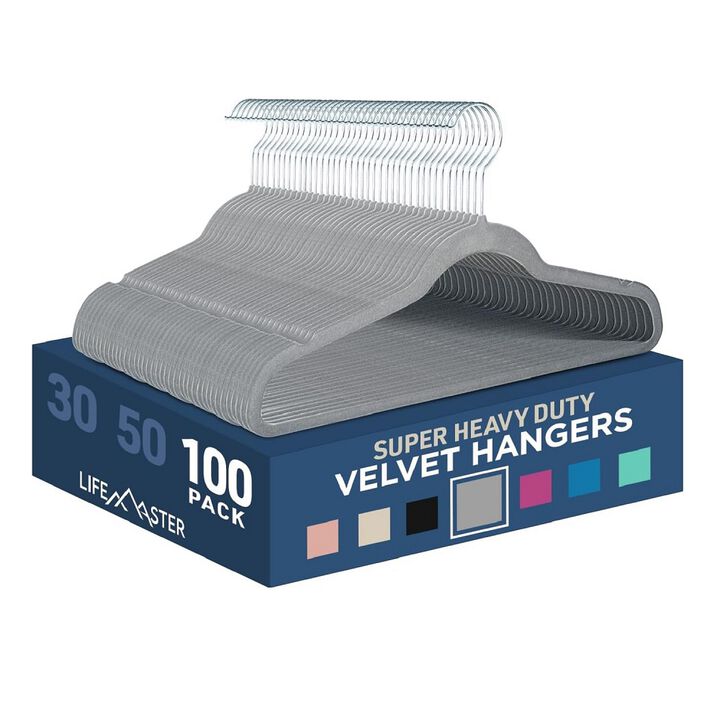 Velvet Non-Slip Hangers - 100 Pieces Non-slip Coat Hanger Set with 360° Swivel Hook, Space-Saving, Sleek Design, Keep Closet Organized, Smooth Velvet Finish, Lightweight Construction - Gray