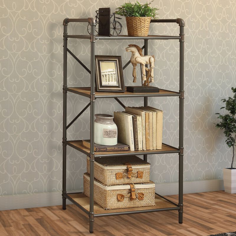 Three Tier Metal Bookshelf With Wooden Shelves, Oak Brown & Gray-Benzara