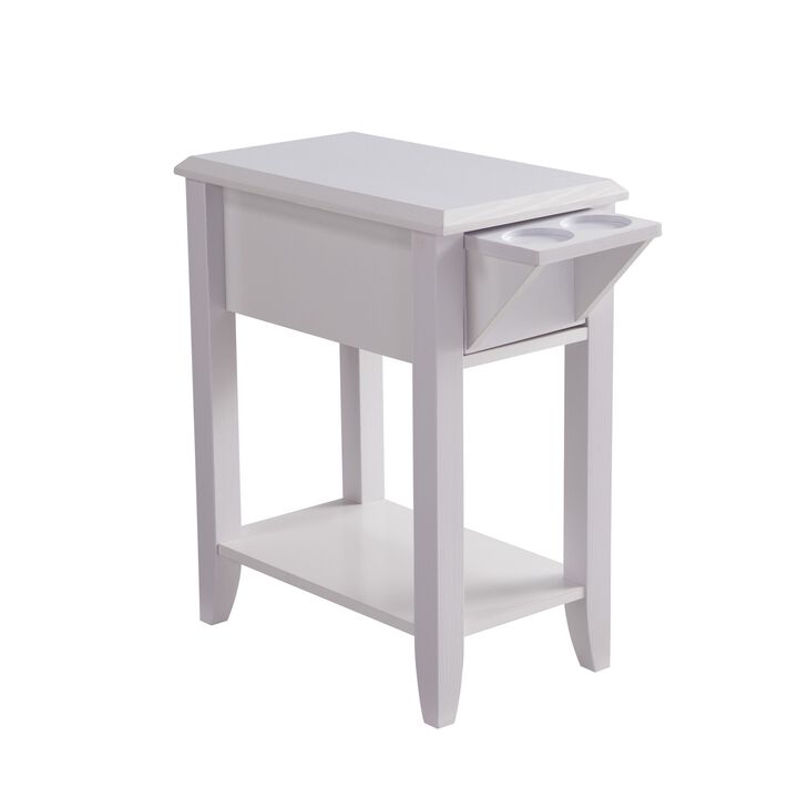 24 Inch Modern Chairside Table with Extendable Drawer and Cupholders, White - Benzara