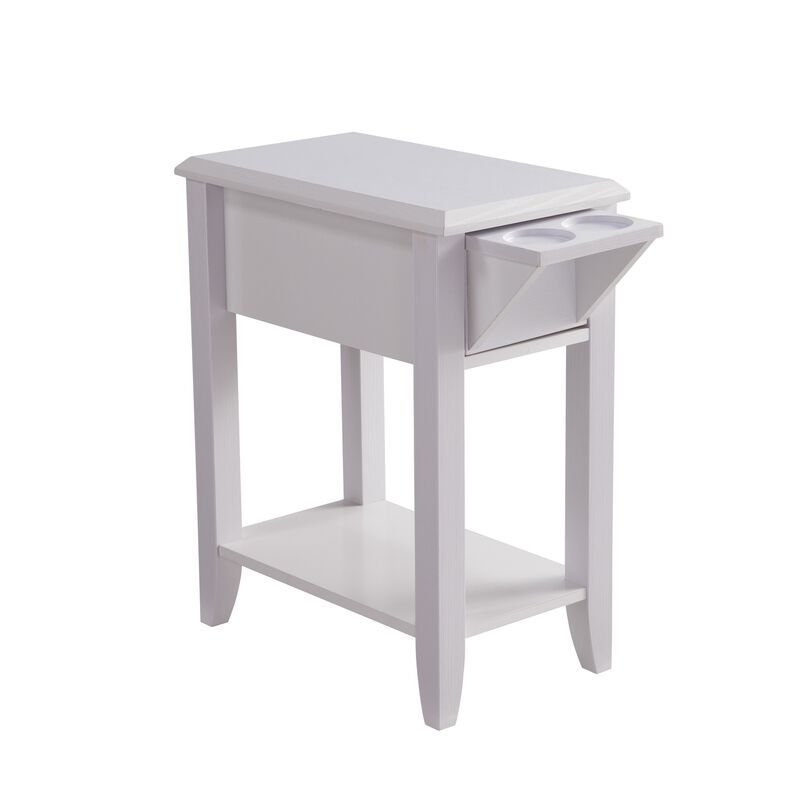 24 Inch Modern Chairside Table with Extendable Drawer and Cupholders, White - Benzara