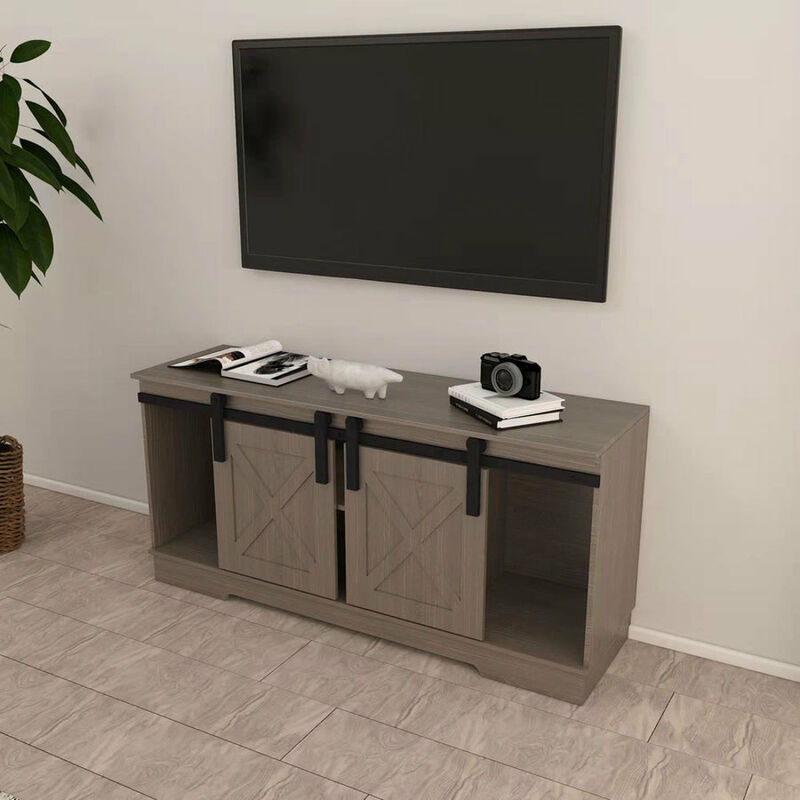 FC Design Klair Living TV Stand with Sliding Barndoors in Rustic Gray