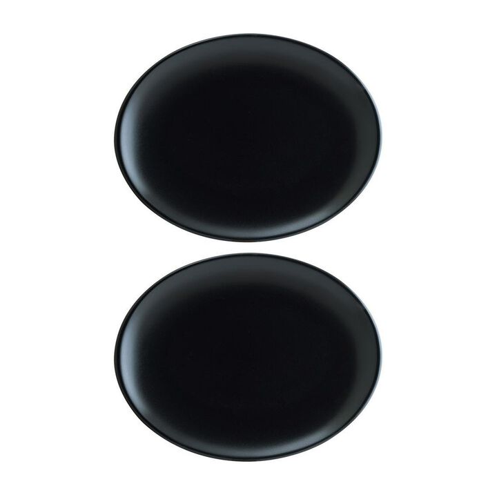 Notte 9.75" x 7.5" x h:1" Oval Black Porcelain Platter (Set of 2)