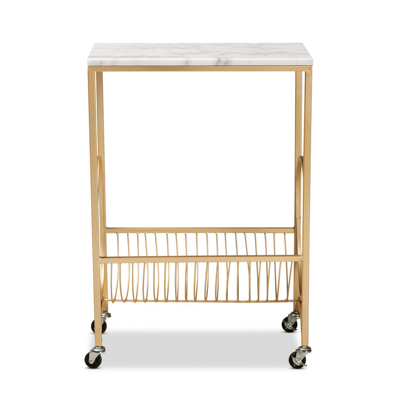 Baxton Studio Jacek Modern Gold Finished Metal Wine Cart with Marble Tabletop