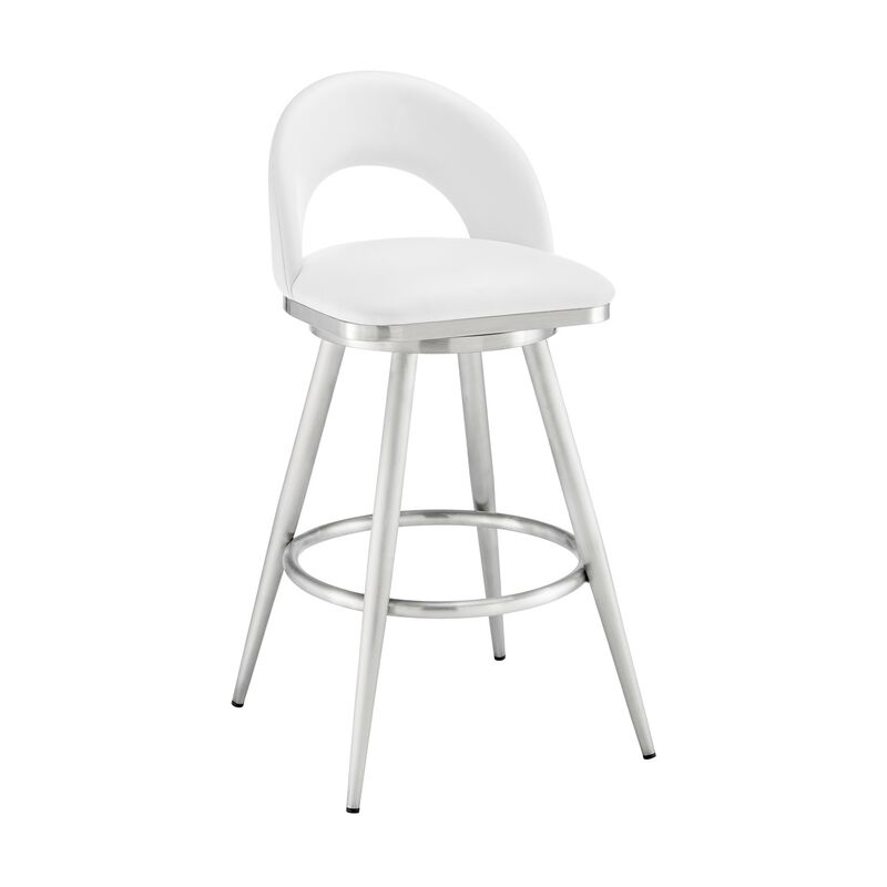 Visy 26 Inch Swivel Counter Stool Chair, Round Back, White Faux Leather - Benzara