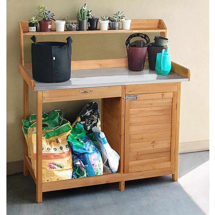 QuikFurn Natural Fir Wood Potting Bench with Galvanized Steel Table Top