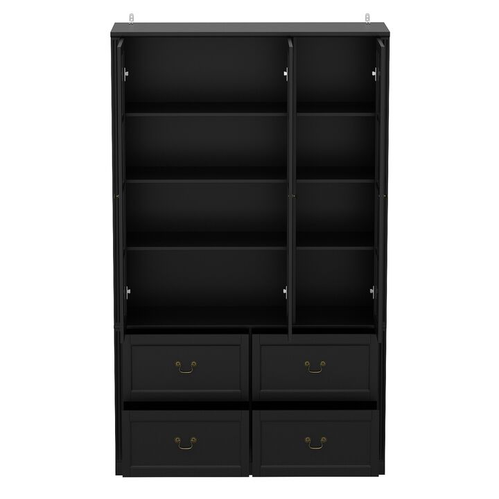 47.2 in. W x 78.7 in. Tall 8-Shelf Black Wood Standard Bookcase Bookshelf With Glass Doors, Adjustable Shelves, Drawers