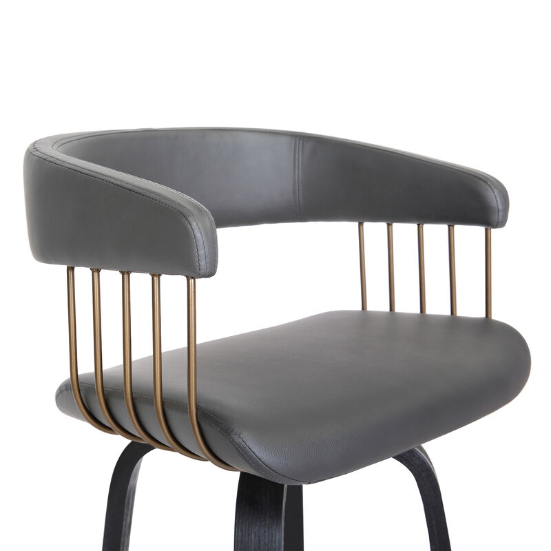 Topanga  Swivel Black Wood Counter Stool in Grey Faux Leather with Golden Bronze Metal