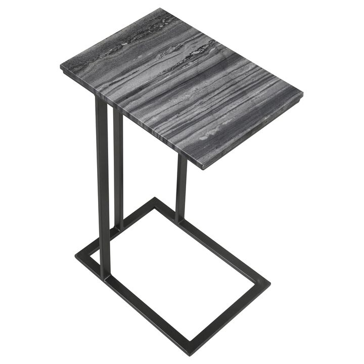 Enu 25 Inch Accent C Table, Marble Top, Black Metal Cantilever Base, Gray  - Benzara