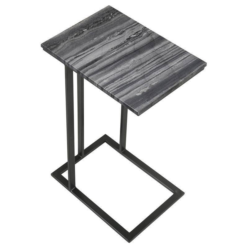 Enu 25 Inch Accent C Table, Marble Top, Black Metal Cantilever Base, Gray  - Benzara