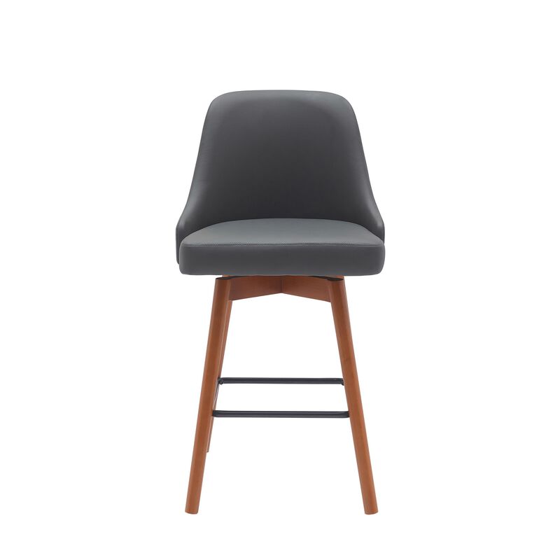 Sean 26 Inch Counter Stool Chair, Swivel, Parson, Gray Faux Leather, Brown - Benzara