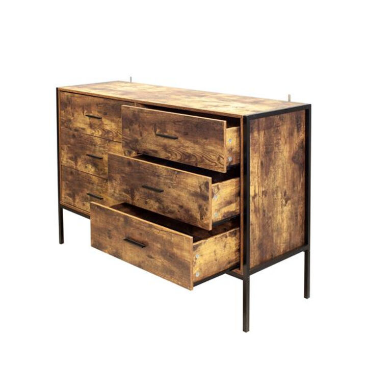 Industrial 6-Drawer Dresser with Wood Finish and Steel Frame for Bedroom