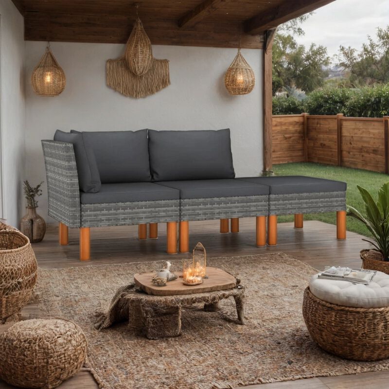 Reem Outdoor 3pc Modular Sofa Set, Gray Poly Rattan Frame, Polyester - Benzara