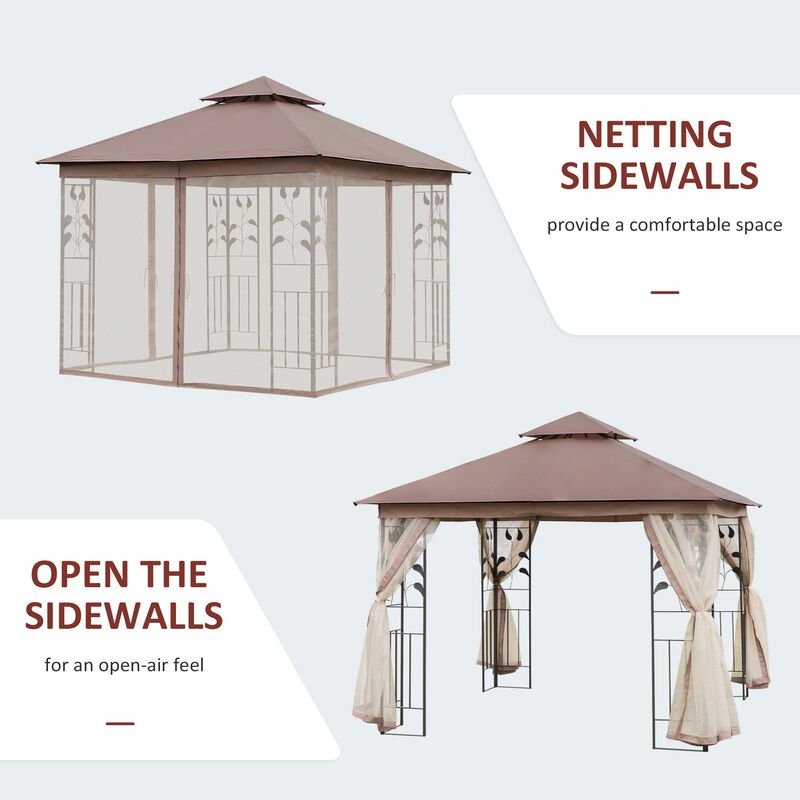 Brown Backyard Retreat: 10'x10' Gazebo with Curtains and Netting