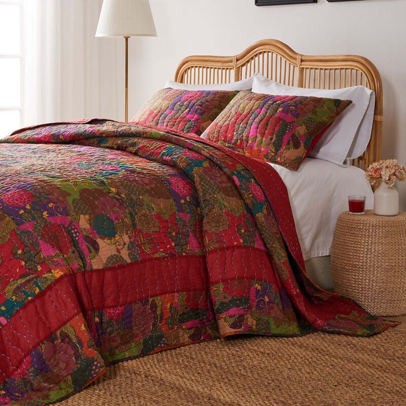 Greenland Home Fashions Jewel Cotton Kantha Quilted Bedspread Set - Jumbo Sized Reversible Quilt Set