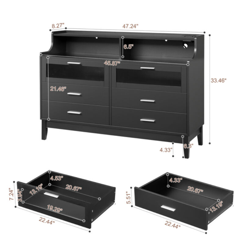 Wood Tempered Glass Drawer Dresser with LED Light Strips & Charging Station & USB Ports Bed Table