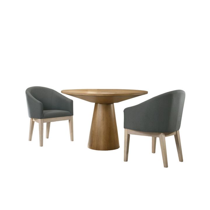 Yuvi 3 Piece Dining Table and Chair Set, Round, Barrel Chair, Brown, Gray - Benzara