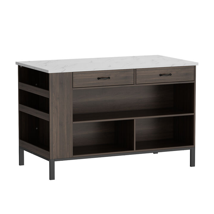 Stationary Kitchen Island with 2 Drawers & Open Shelves, Kitchen Island Table with Metal Legs, Bar Table Island Table Brown and Marble White (55.1”W x 30”D x 36”H)