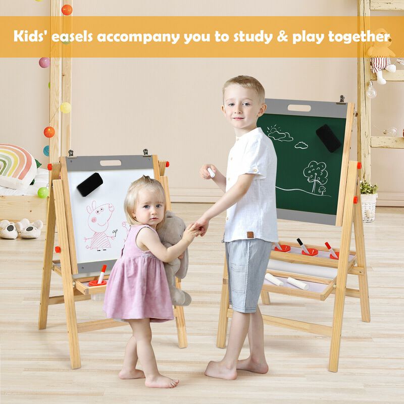 Kids Art Easel with Paper Roll Double Sided Chalkboard and Whiteboard-Grey
