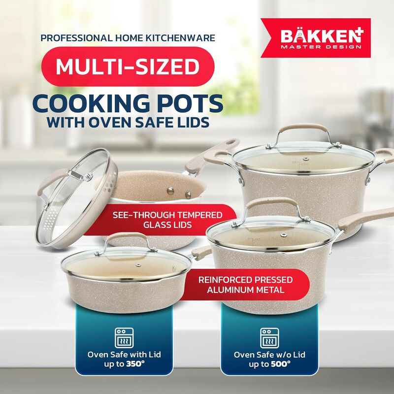 Bakken- Swiss Kitchen Cookware Set - Nonstick Coating, Pot and Pans Set with Handle Grips & Tempered Glass Lids, PFOA, PFOS, PTFE Free, Ceramic Max Temperature (Up To 500° F), Set of 23