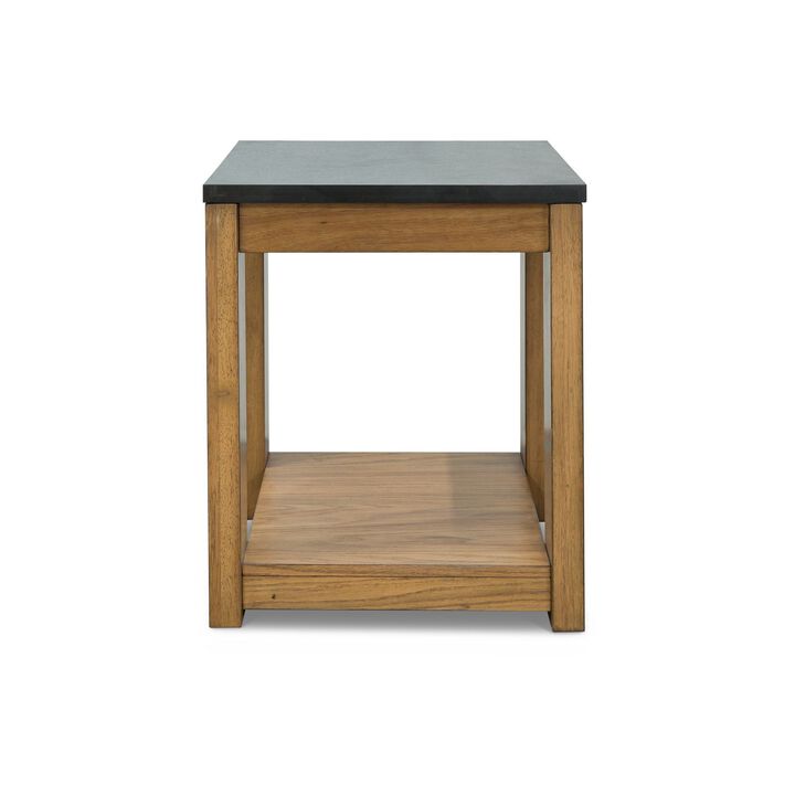 Enty Side End Table, Classic Faux Stone Top, 22 Inch Light Brown Wood - Benzara