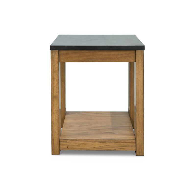 Enty Side End Table, Classic Faux Stone Top, 22 Inch Light Brown Wood - Benzara