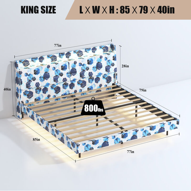 MONDAWE King Floating Bed Frame with LED Light and Charging Station with Headboard and Hidden Storage Space