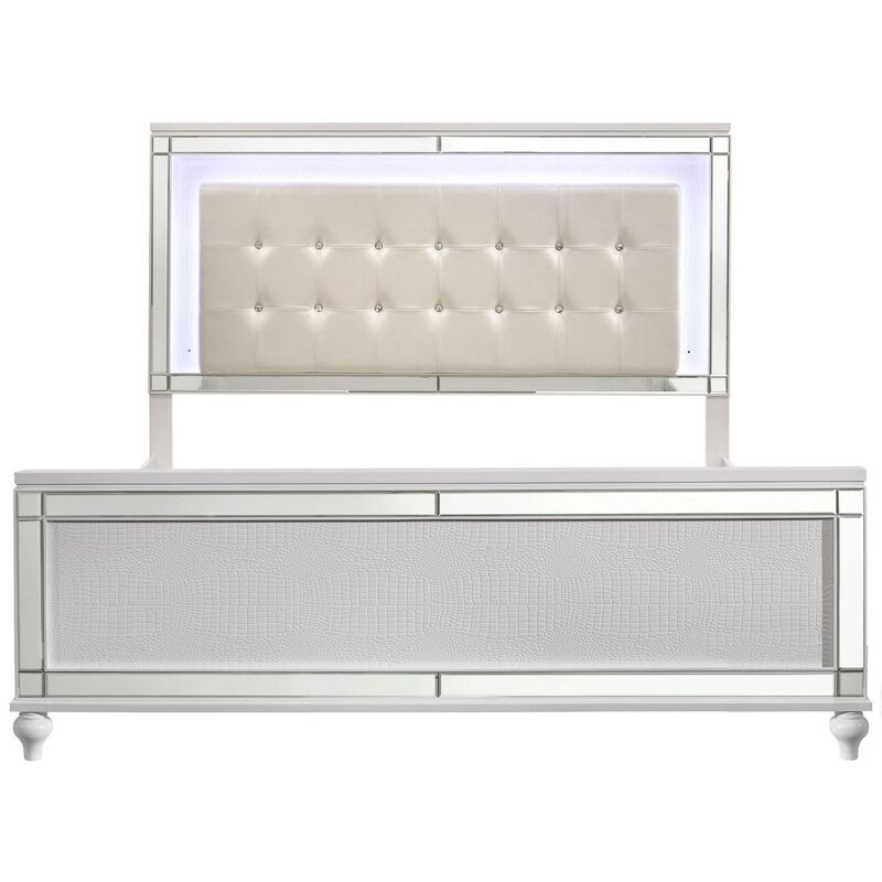 Lee Queen Size Bed, LED, Tufted Faux Leather Upholstery, Textured White - Benzara
