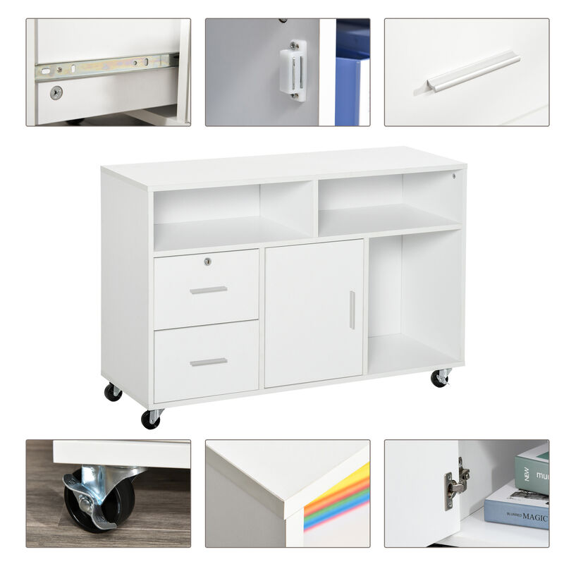 Wooden Media Rolling Storage Cabinet w/Shelves, Locking Drawer, Keys and Wheels