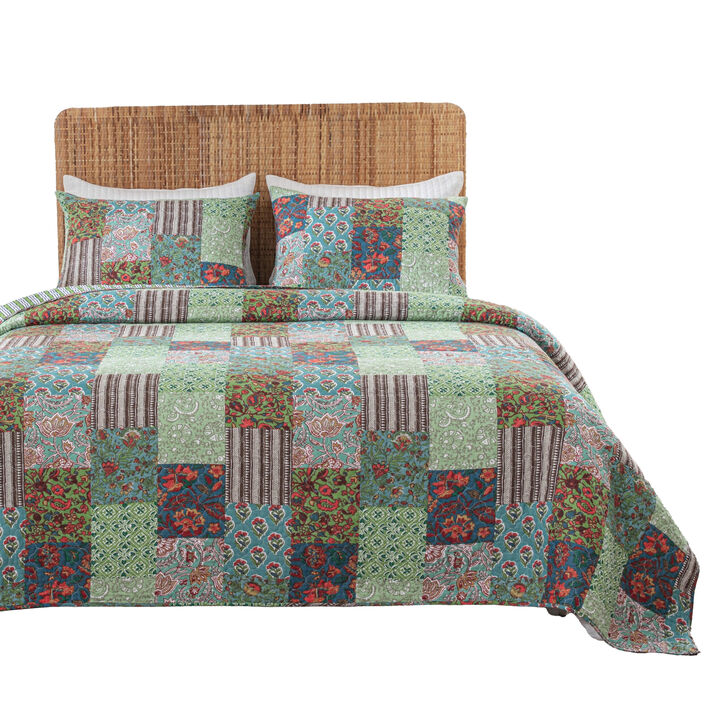 Aby 3pc Full/Queen Quilt Set, Reversible Patchwork, Jade Green Cotton
