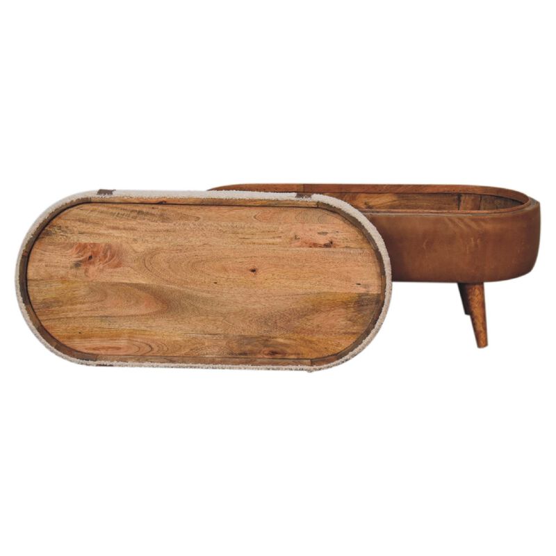 Solid Wood Tan Bufallo Leather Boucle Nordic Bench