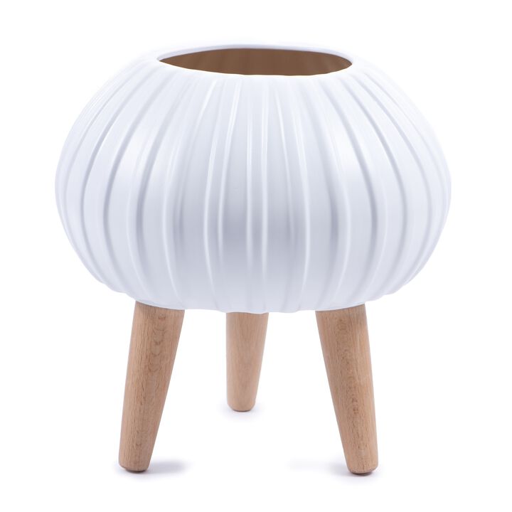 Bloom Ceramic Planter w/beech wood legs-matte white