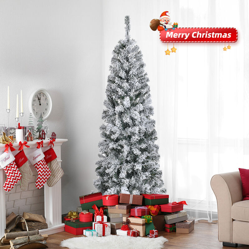 Snowy Flocked Pencil Christmas Tree with 320 Branch Tips and Metal Stand