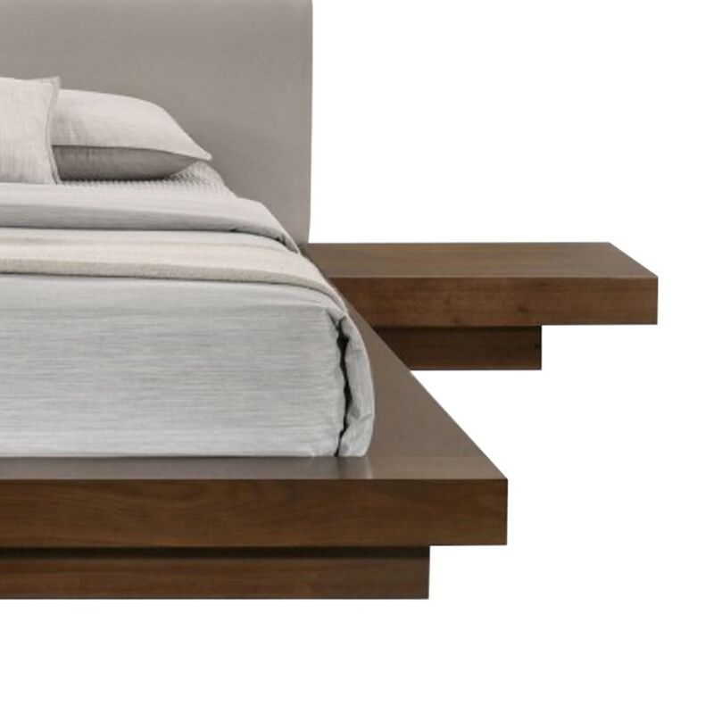 Nia Queen Size Bed, Gray Faux Leather, Walnut Brown Low Profile Platform  - Benzara