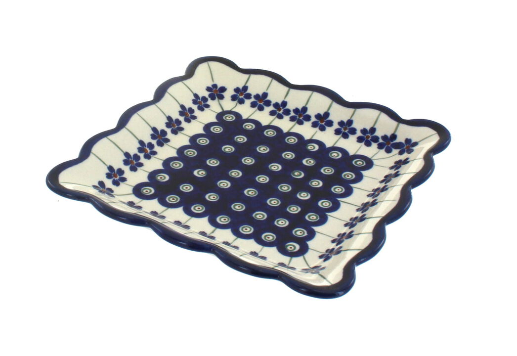 Blue Rose Polish Pottery Flowering Peacock Square Small Dessert Plate