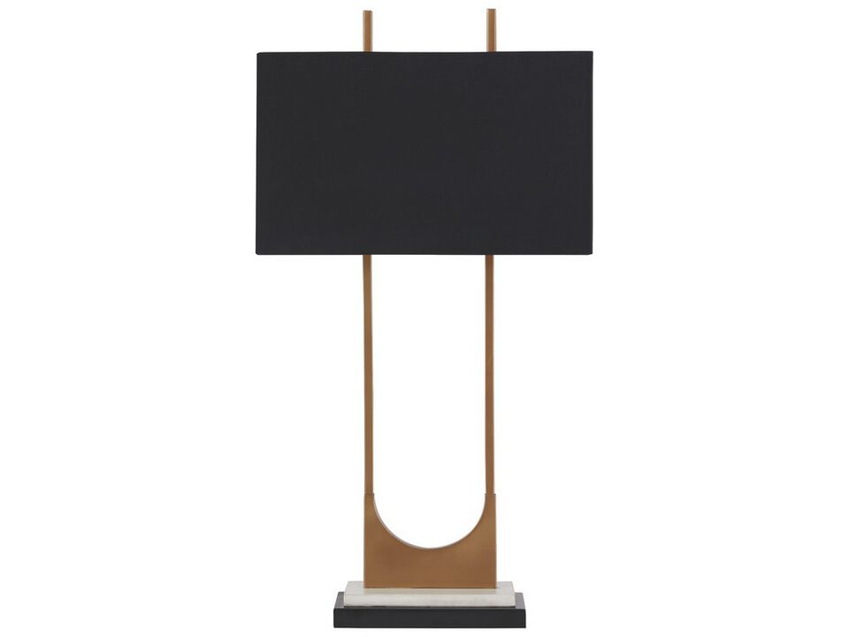 U Shaped Metal Body Table Lamp with Marble Base, Gold and Black-Benzara