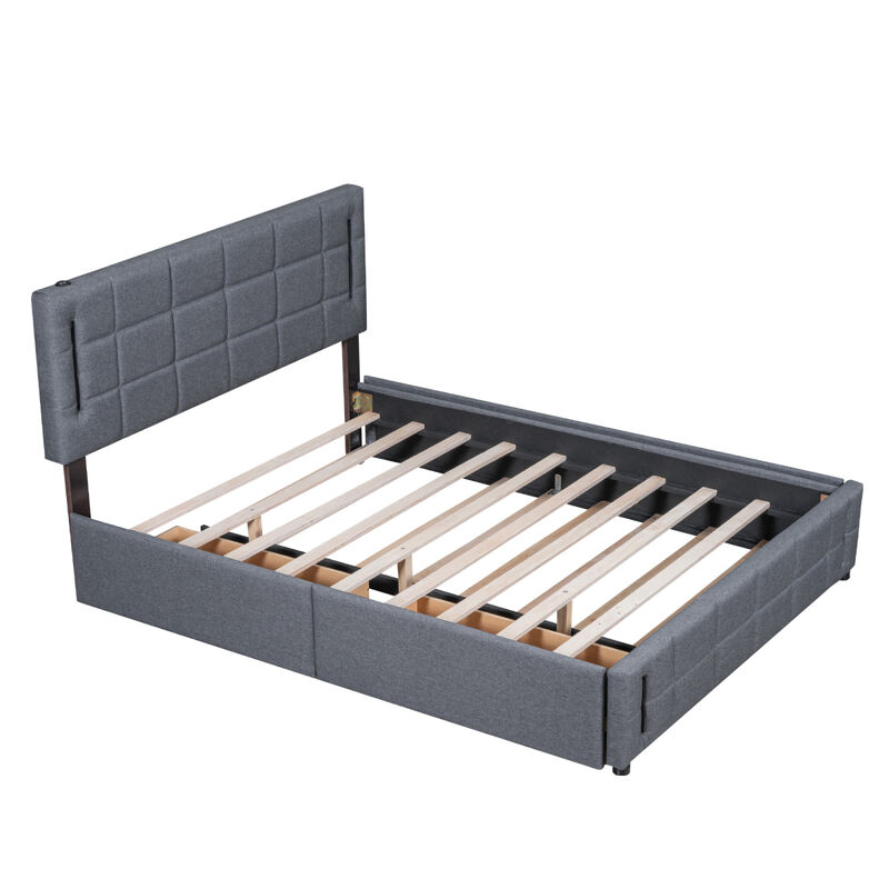 Streamdale Queen Size Upholstered Platform Bed With Trundle And Drawers, Gray