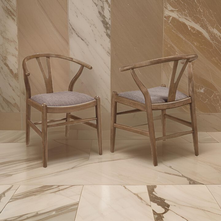 Ellie Dining Chair Set of 2, Y Shape Back, Fabric Seats, Walnut Brown - Benzara