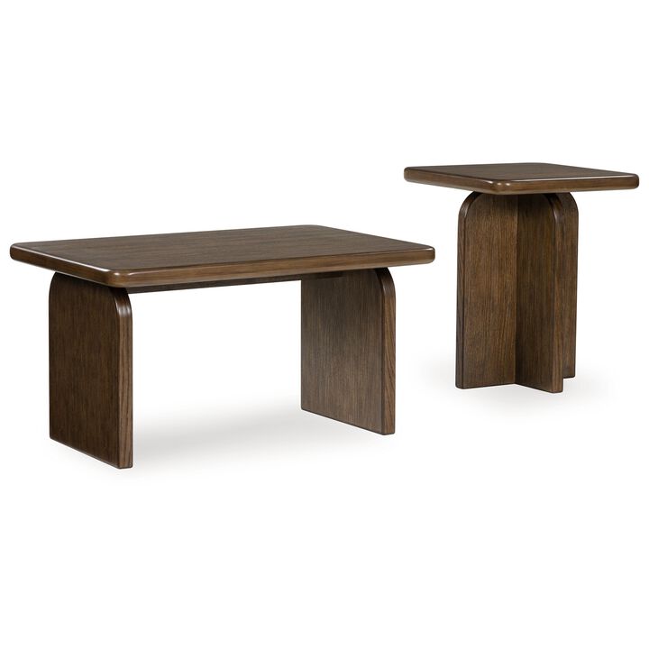 Medy 2pc Coffee and End Table Set, Wide Geometric Base, Textured Brown - Benzara
