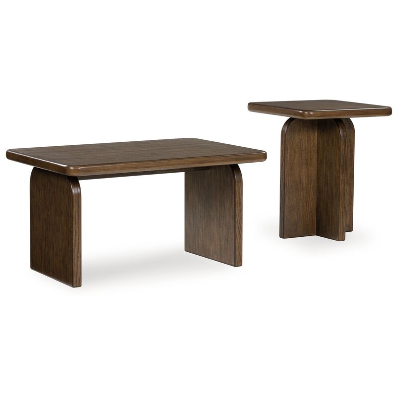 Medy 2pc Coffee and End Table Set, Wide Geometric Base, Textured Brown - Benzara