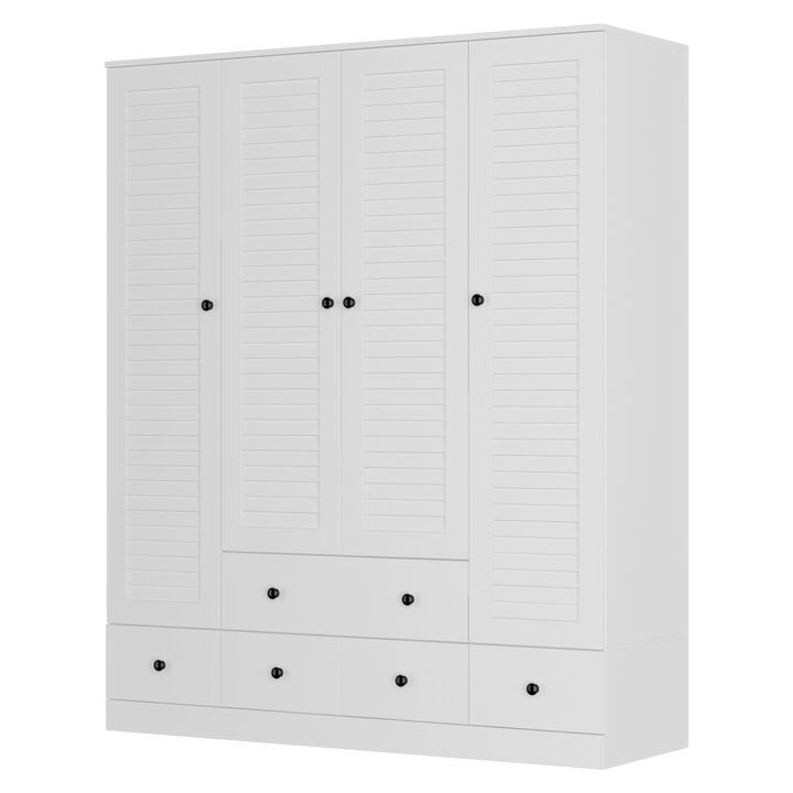 70 in. H x 19 in. D White Wood 59 in. W 4 Shutter Doors Big Armoires Wardwore with 6-Drawers, Hanging Rod