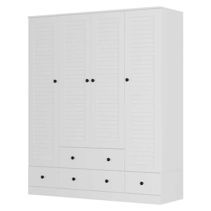 70 in. H x 19 in. D White Wood 59 in. W 4 Shutter Doors Big Armoires Wardwore with 6-Drawers, Hanging Rod