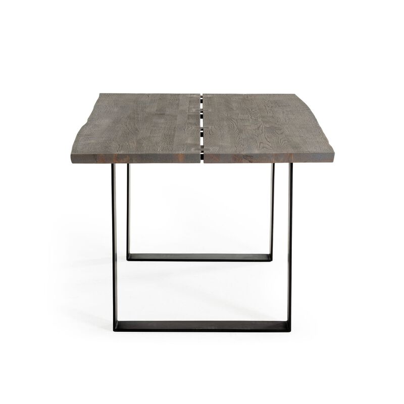 87 Inch Dining Table, Rectangular Top, Open Metal Panel, Gray Oak, Black - Benzara